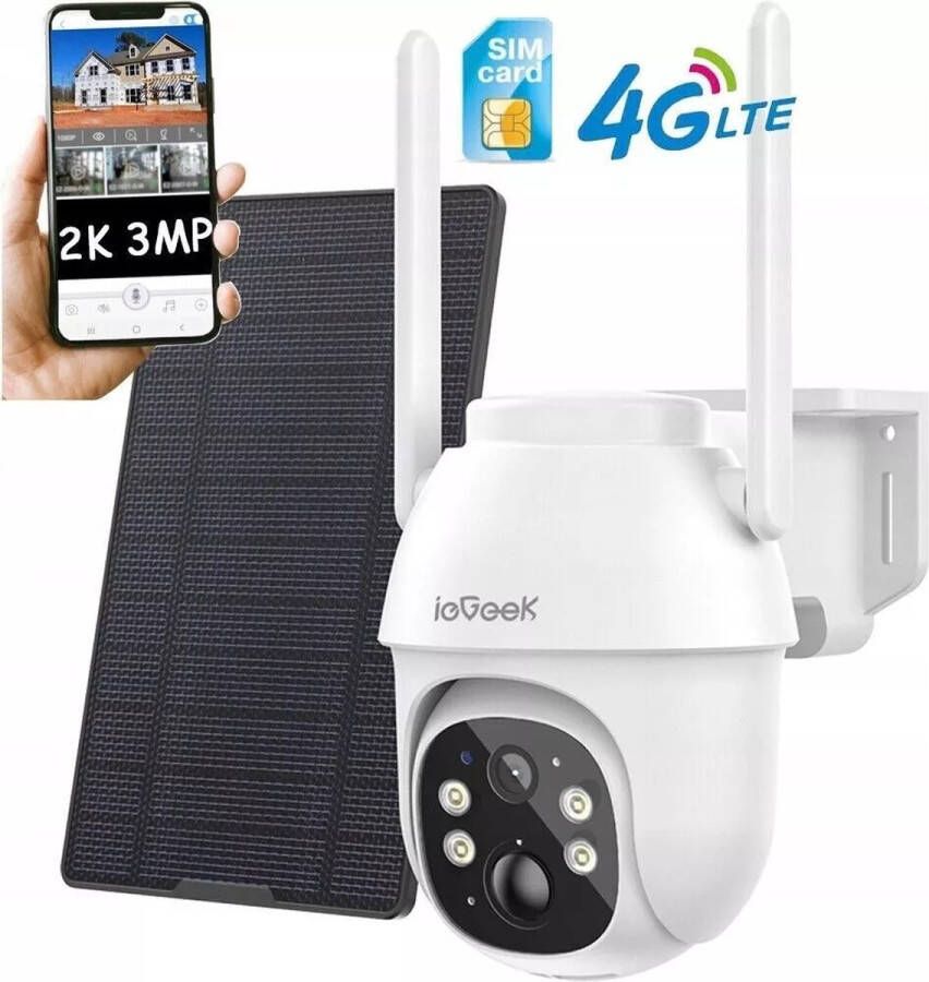 IeGEEK 4G Cellular Beveiligingscamera Buiten 2K PTZ LTE Bewakingscamera Buiten Draadloos Zonder WIFI IP Security Camera Buiten Solar 8400mAh Batterij Oplaadbare Zonnepaneel PIR Detectie Wit