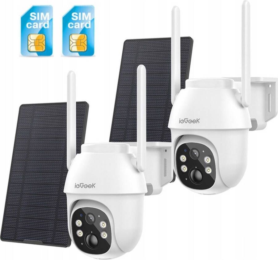 IeGEEK 4G LTE mobiele beveiligingscamera draadloos buiten 2K geen wifi zonne-energie camera ingebouwde simkaart 2-weg praatcamera's voor thuisbeveiliging met PIR-bewegingsdetectie IP66 nachtzicht schijnwerpers 2 stuks