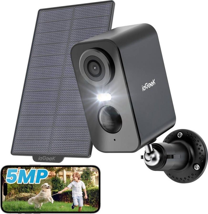 IeGEEK 5MP Beveiligingscamera draadloos buiten met zonnepaneelcamera's voor thuisbeveiliging CCTV-camera met kleurennachtzicht PIR menselijke detectie 2-weg gesprek IP66 waterdicht Zwart