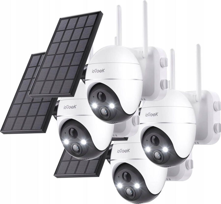 IeGEEK 5MP Beveiligingscamera's Draadloos Buiten Zonnecamera Buiten Draadloos WiFi 360° PTZ Op Batterijen Met Spotlight & Sirene Bewegingsdetectie Kleuren Nachtzicht 2-Weg Audio IP65 Werkt met Alexa 4 stuks