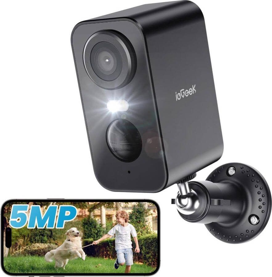 IeGEEK 5MP Buiten Beveiligingscamera Wi-Fi Draadloos CCTV IP-camera met Batterij spotlicht Persoon Detectie AI Twee-weg Audio Weerbestendig Werkt met Alexa