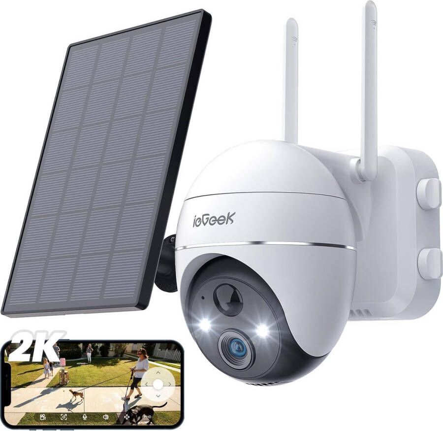 IeGEEK Beveiligingscamera Buiten 2K Draadloze WiFi 360° PTZ-camera Bewakingscamera op zonne-energie met Spotlight Sirene Bewegingsdetectie 3MP Kleur Nachtzicht Compatibel met Alexa