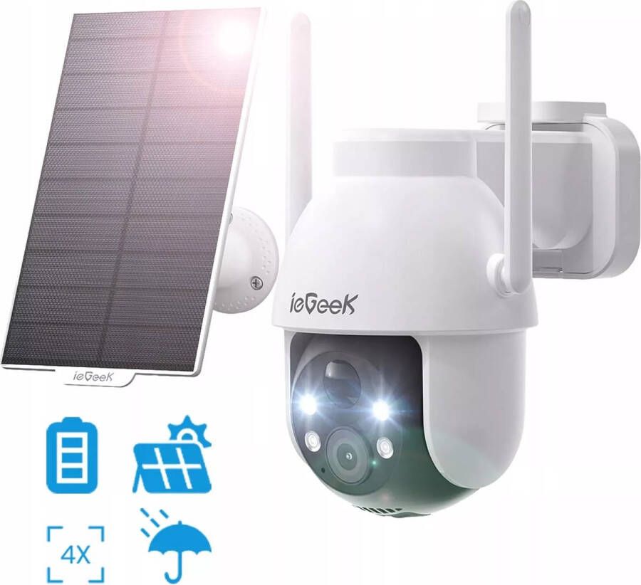 IeGEEK Beveiligingscamera Draadloze Buiten 360° PTZ Buitencamera 2K Zonne-Beveiligingscamera's voor Thuis Spotlight en Sirene 2.4G WiFi 3MP Kleurennachtzicht 2-Weg Praten PIR-Detectie