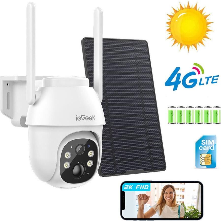 IeGEEK 4G LTE mobiele beveiligingscamera draadloos buiten 2K geen wifi zonne-energie camera ingebouwde simkaart 2-weg praatcamera's voor thuisbeveiliging met PIR-bewegingsdetectie IP66 nachtzicht schijnwerpers