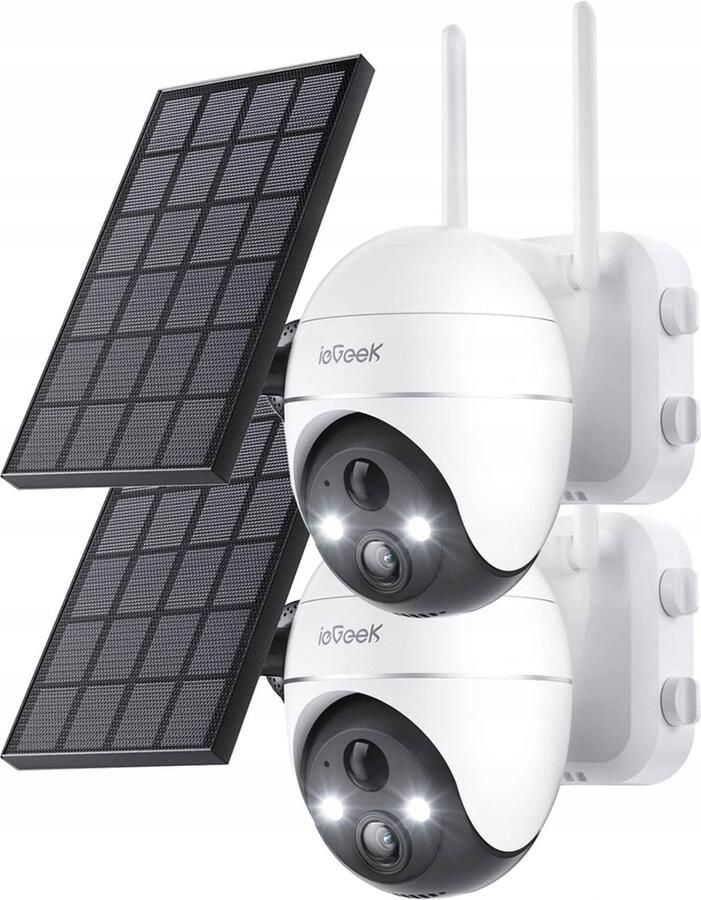 IeGEEK 5MP Beveiligingscamera's Draadloos Buiten Zonnecamera Buiten Draadloos WiFi 360° PTZ Op Batterijen Met Spotlight & Sirene Bewegingsdetectie Kleuren Nachtzicht 2-Weg Audio IP65 Werkt met Alexa 2 stuks