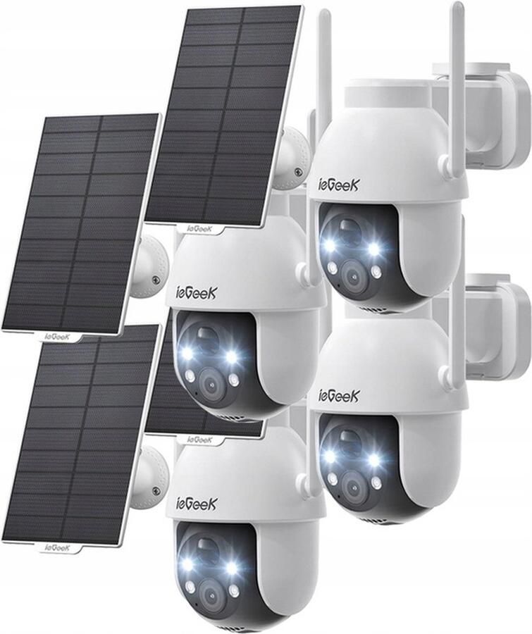 IeGEEK Beveiligingscamera Draadloze Buiten 360° PTZ Buitencamera 2K Zonne-Beveiligingscamera's voor Thuis Spotlight en Sirene 2.4G WiFi 3MP Kleurennachtzicht 2-Weg Praten PIR-Detectie 4 stuks