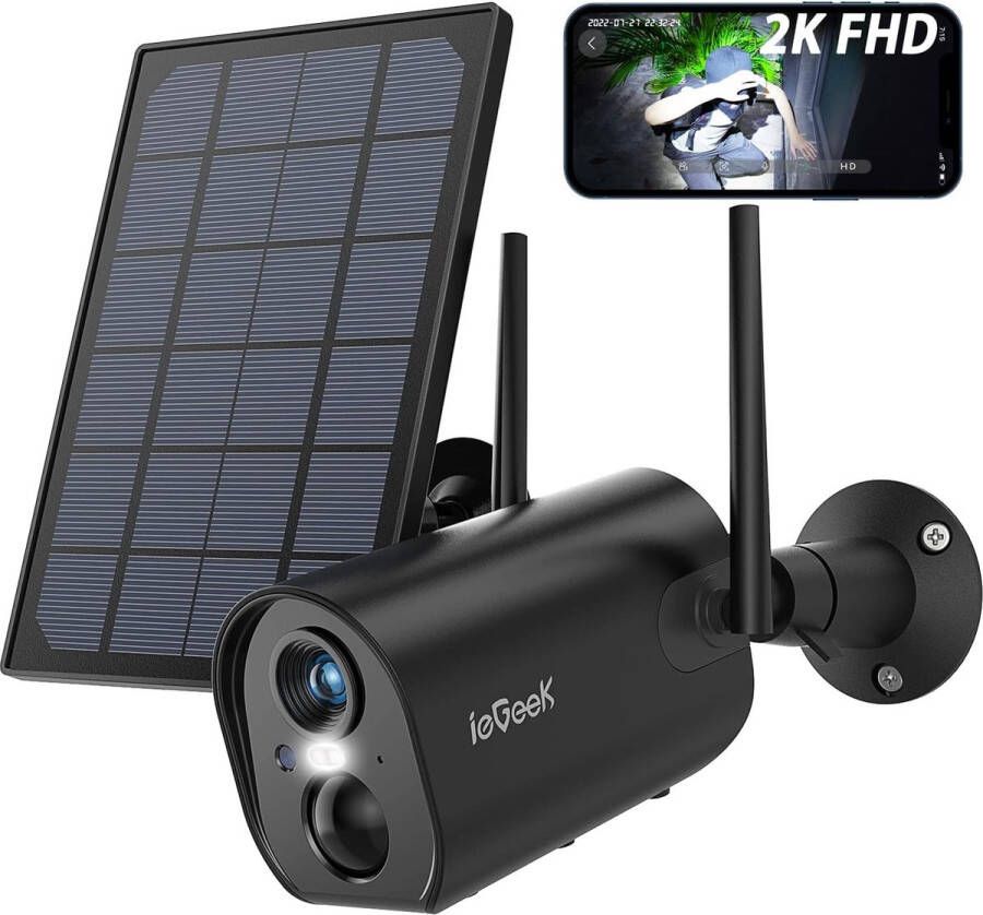IeGEEK Zonne-beveiligingscamera 2K buiten draadloos met nachtzicht in kleur op batterijen 2.4G WiFi CCTV beveiligingscamera 2-weg audio video-opname IP65