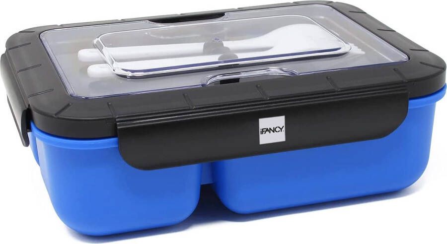 IFancy LUNCHBOX YUMMY Bento Box 1500ml + Bestek 3 Compartimenten BPA Vrij & Lekvrij Vaatwasser Magnetron & Vriezer Lunch Box voor Kinderen & Volwassenen (Blauw)