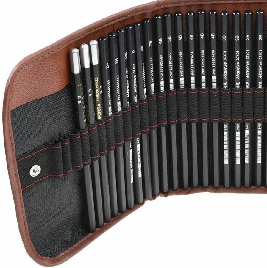 Ifoulki professionele 30 delige tekenset sketch set potloden set tekenen voor volwassenen teken benodig- heden tekenen met houtskool en grafiet inclusief gum mesje om de punten te slijpen potlood-verlenger In mooie opbergriem