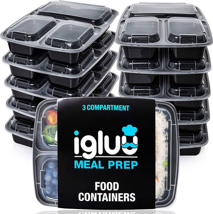 Igluu Meal Prep [20 Stuks] 3 Compartimenten BPA Vrij Herbruikbare Meal Prep Containers Plastic Voedsel Bakjes met Luchtdichte Deksels Magnetron Vriezer en Vaatwasserbestendig Stapelbare Bento Box (900 ml)