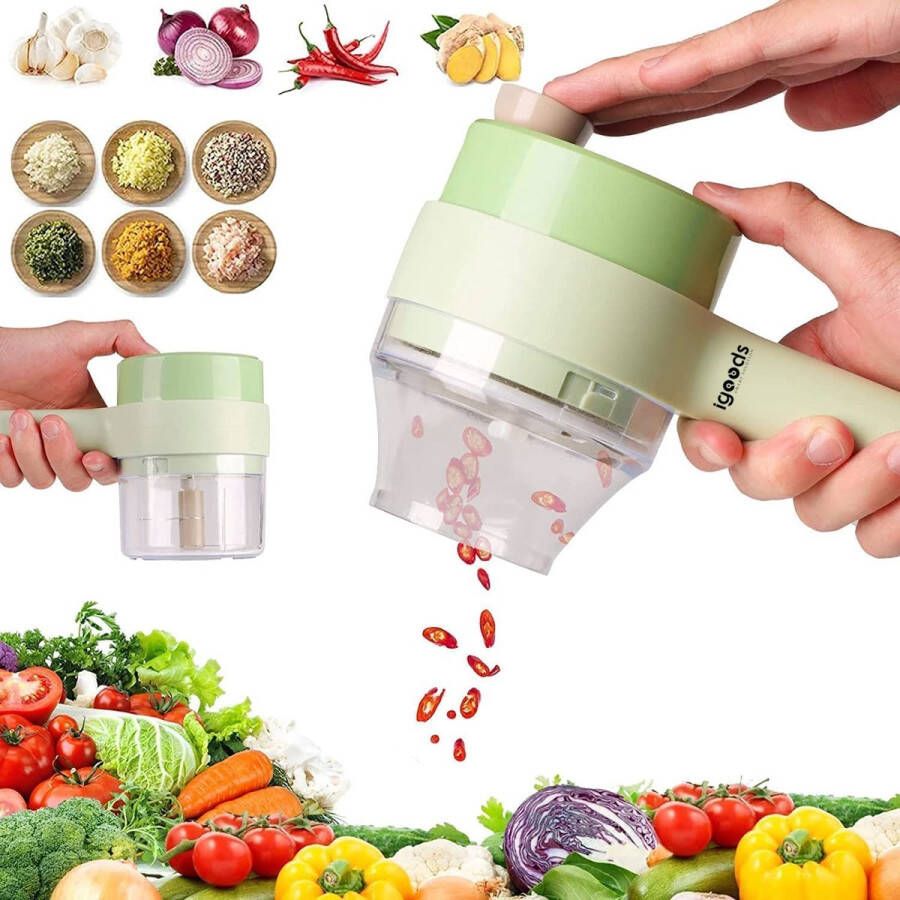 Igoods Hakmolen Elektrische Mini Blender Foodchopper Ergonomisch Design 4 RVS Mesjes Groen