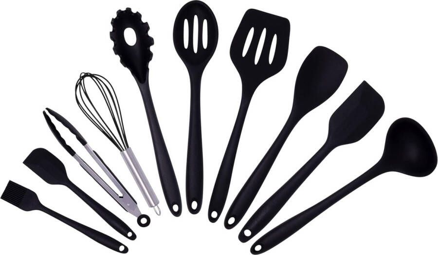 Igoods Keukengerei Set 11-Delig Kookgerei Set Siliconen Inclusief Gebruiksvoorwerpen Houders Antikleef Anti-Kras Kookgerei Keukengereedschap Zwart