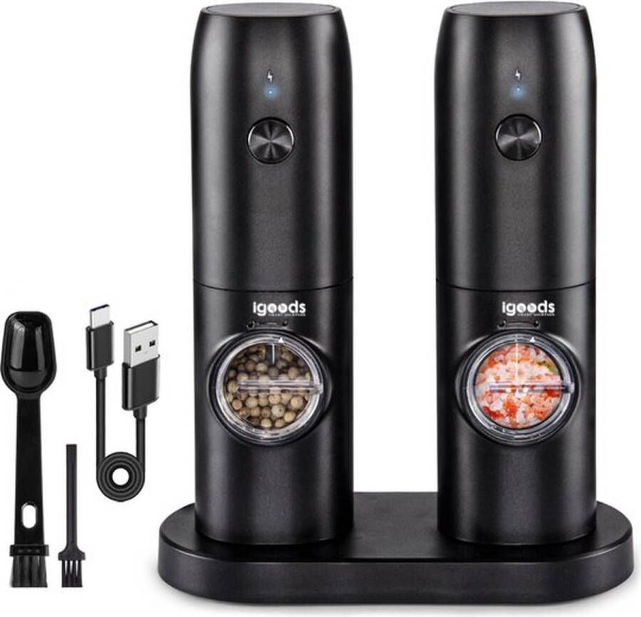 Igoods Peper- en Zoutmolens Kruidenmolen Peper- en Zoutstellen Pepermolen USB-C Incl Standaard Zwart 2 Stuks