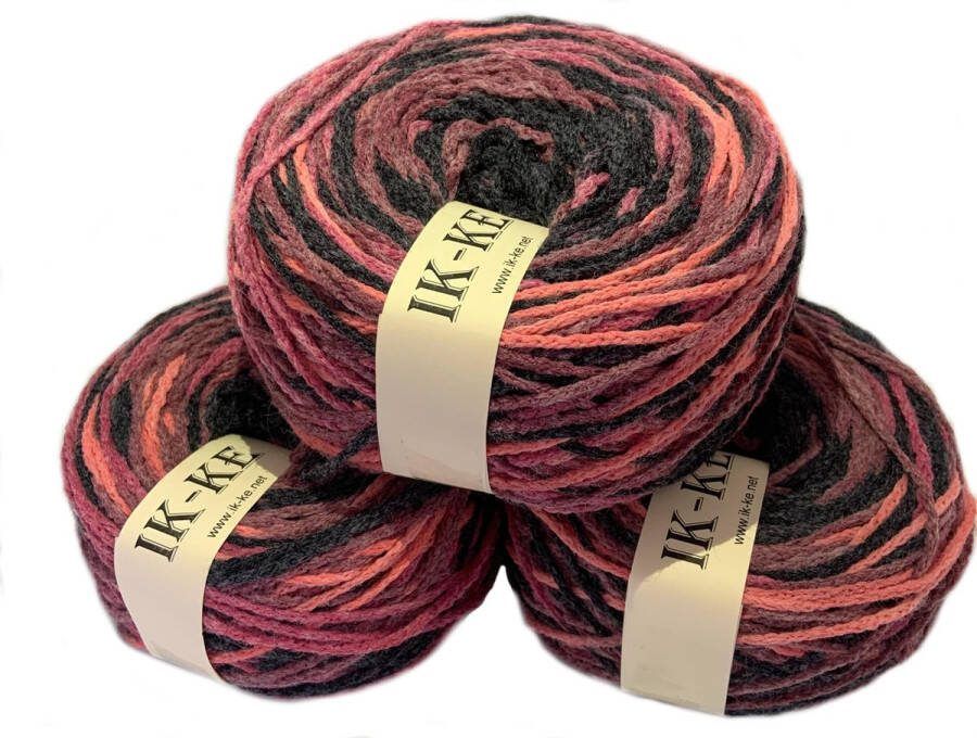 IK-KE patronen IK-KE Garen 50% acryl 50% polyamide Zwart Zalm Paars 180m 150gr- set van 3 bollen