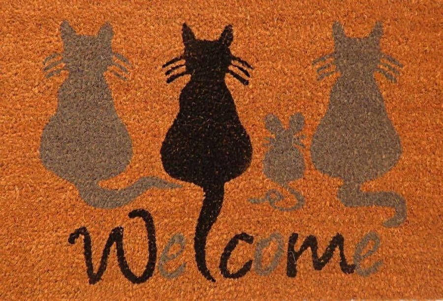 Ikado -Kokosmat- Deurmat Binnen en Buiten-Schoonloopmat met tekst- Welcome-Katten-40 x 60 cm