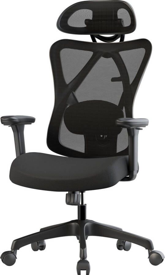 IKIDO Bureaustoel Directiestoel van Mesh met verstelbare Hoofdsteun Lendensteun en Armleuningen Vergaderstoel Gamingstoel met Wieltjes Office Chair met schommelend Achteroverleunen tot 130° Zwart 150kg capaciteit