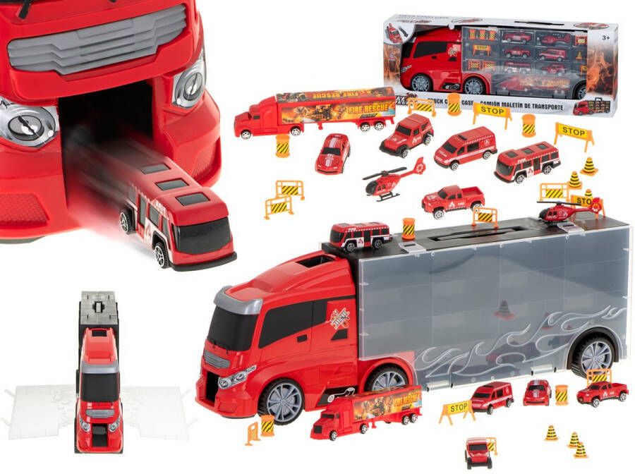 IKONKA 20 delige Brandweer truck vrachtwagen met auto opberger en launcher 57cm rood speelgoedauto speelgoed speelset