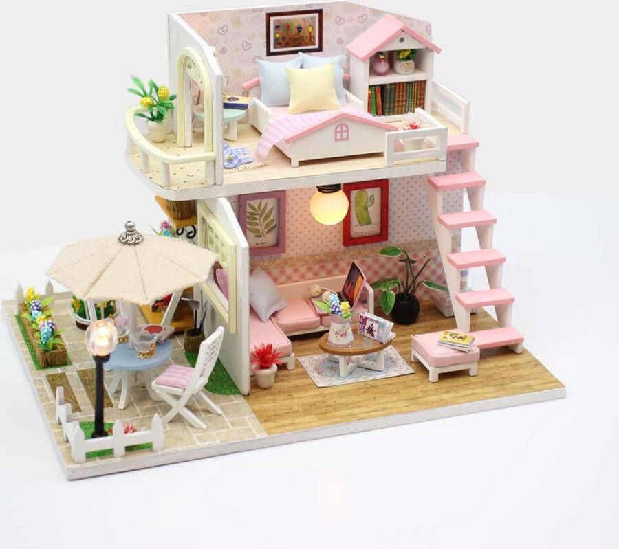 Ikonka DIY Modelbouw Poppenhuis Twee Verdiepingen LED 19 5 cm Pink Loft Miniatuurhuisje Bouwpakket