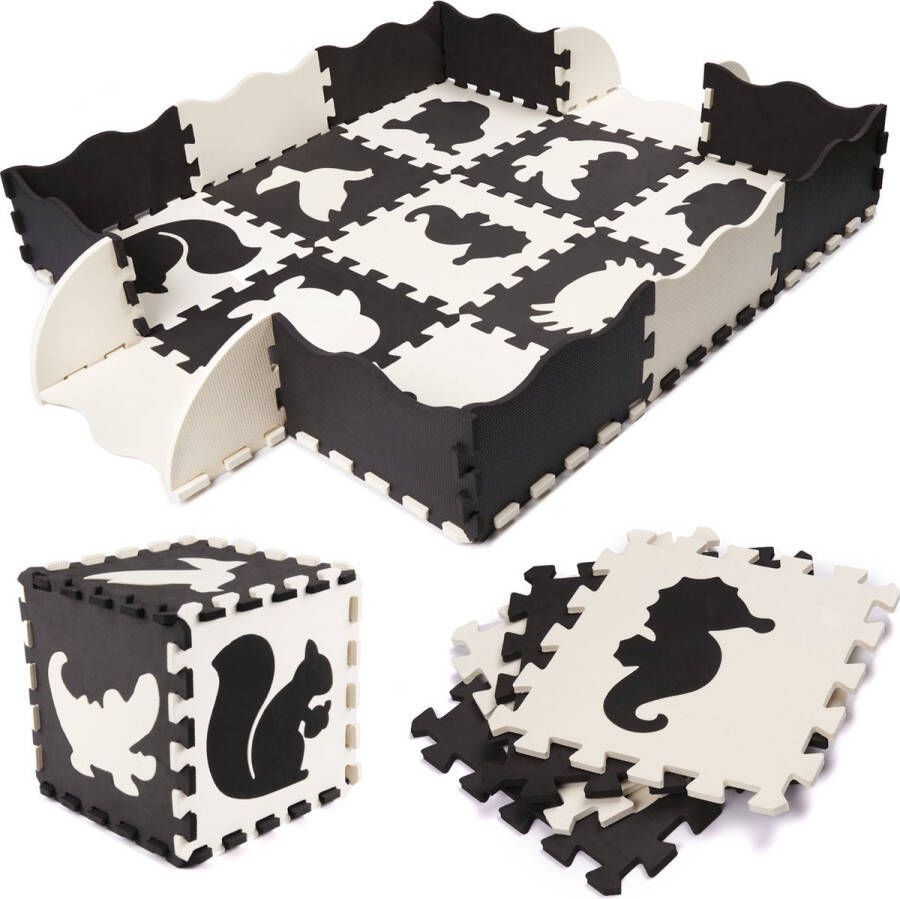 IKONKA 25 delige foam puzzelmat voor baby's en kinderen Speelkleed Speeltegels Met rand Zwart wit