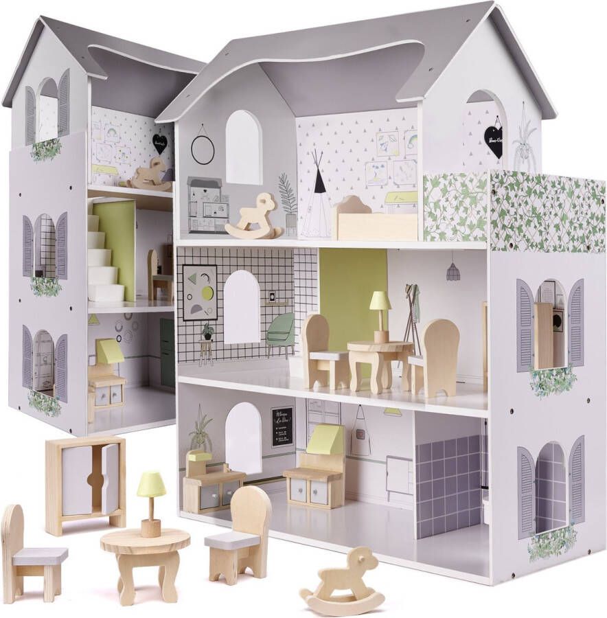 IKONKA Zeer luxe XL houten poppenhuis met meubels 70 cm grijs Speelhuisje voor jong en oud Speelhuis van hout Duurzaam speelgoed groot model