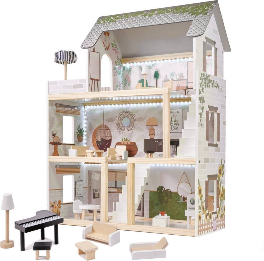 IKONKA Zeer luxe XL houten poppenhuis met meubels 78 cm boho stijl Met LED verlichting Speelhuisje voor jong en oud Speelhuis van hout Duurzaam speelgoed Groot model
