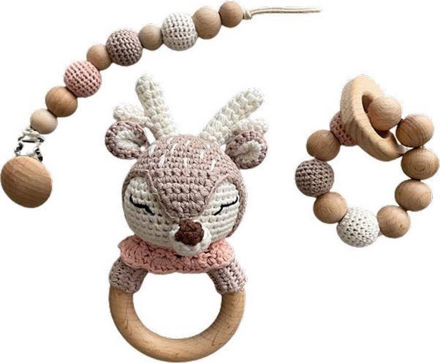 Il Bambini set: Rammelaar Bijtring & Speenkoord Hert voor meisje Handgemaakt Hout & Wol Babycadeau Kraamcadeau Baby bijtspeelgoed 0-2 jaar