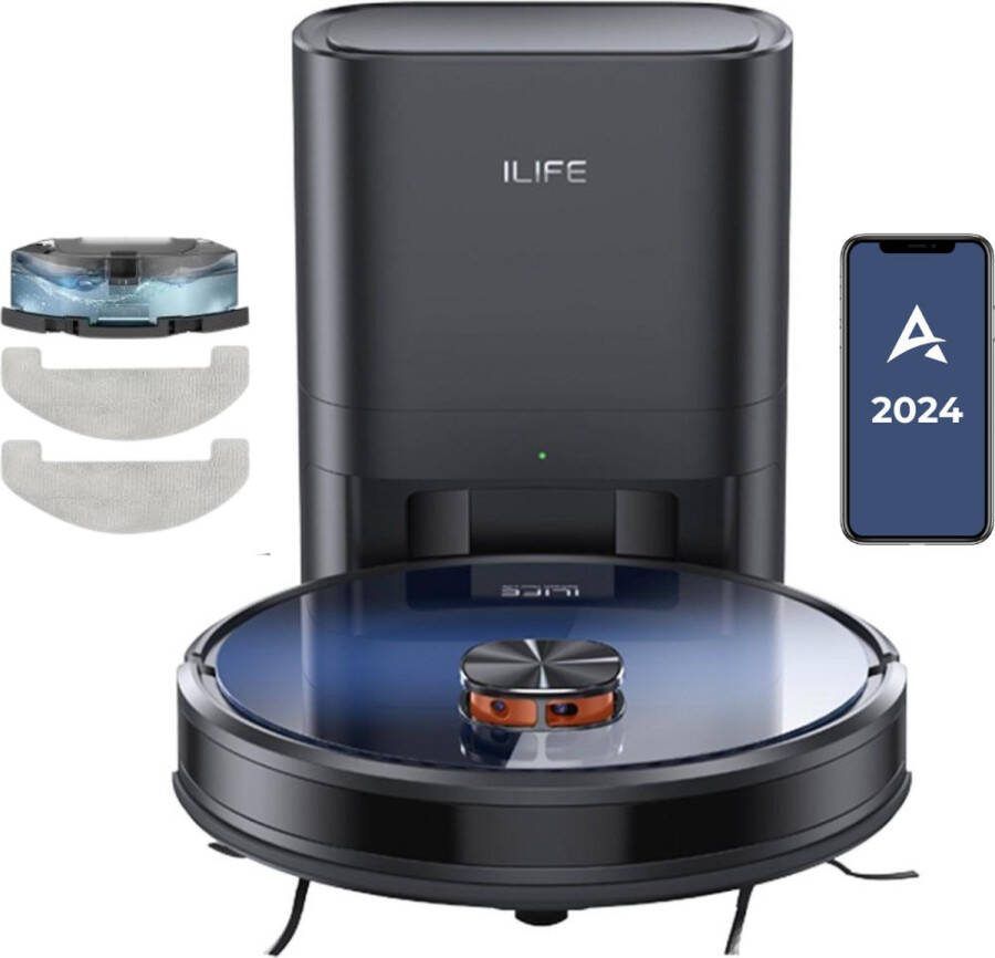 ILife T10s Robotstofzuiger met Laadstation Automatisch Leegstation 3000Pa Zuigkracht App- & Spraakbediening 150 min Looptijd Dweilfunctie LDS Navigatie 2.5L Reservoir 60 Dagen Zonder Leegmaken