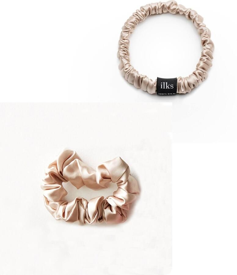 Ilks Silk Scrunchie Giftset Groot met Klein -Beige