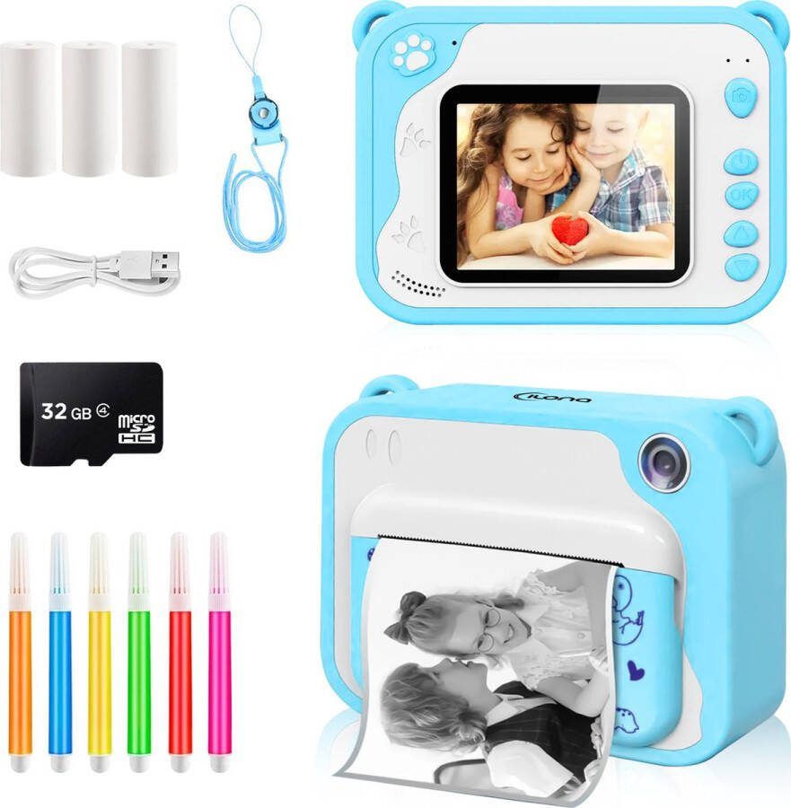 Ilona 3 IN 1 Digitale Kindercamera + Instant print + speelcamera 32GB micro sd kaart camera kinderen Vlogcamera met games Fototoestel voor Kinderen Klein Formaat Speelgoed Met videofunctie Blauw