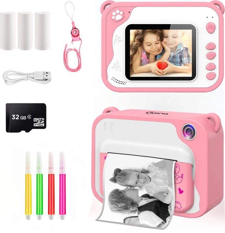 Ilona 3 IN 1 Digitale Kindercamera + Instant print + speelcamera 32GB micro sd kaart camera kinderen Vlogcamera met games Fototoestel voor Kinderen Klein Formaat Speelgoed Met videofunctie Roze