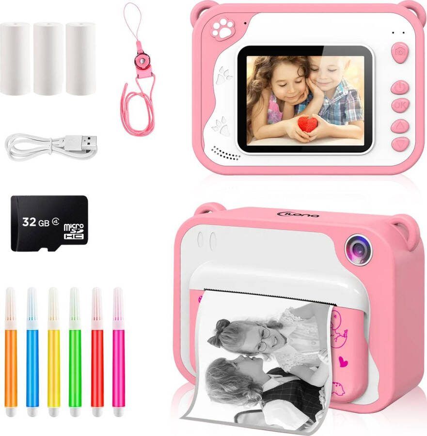 Ilona 3 IN 1 Digitale Kindercamera + Instant print + speelcamera 32GB micro sd kaart camera kinderen Vlogcamera met games Fototoestel voor Kinderen Klein Formaat Speelgoed Met videofunctie Roze