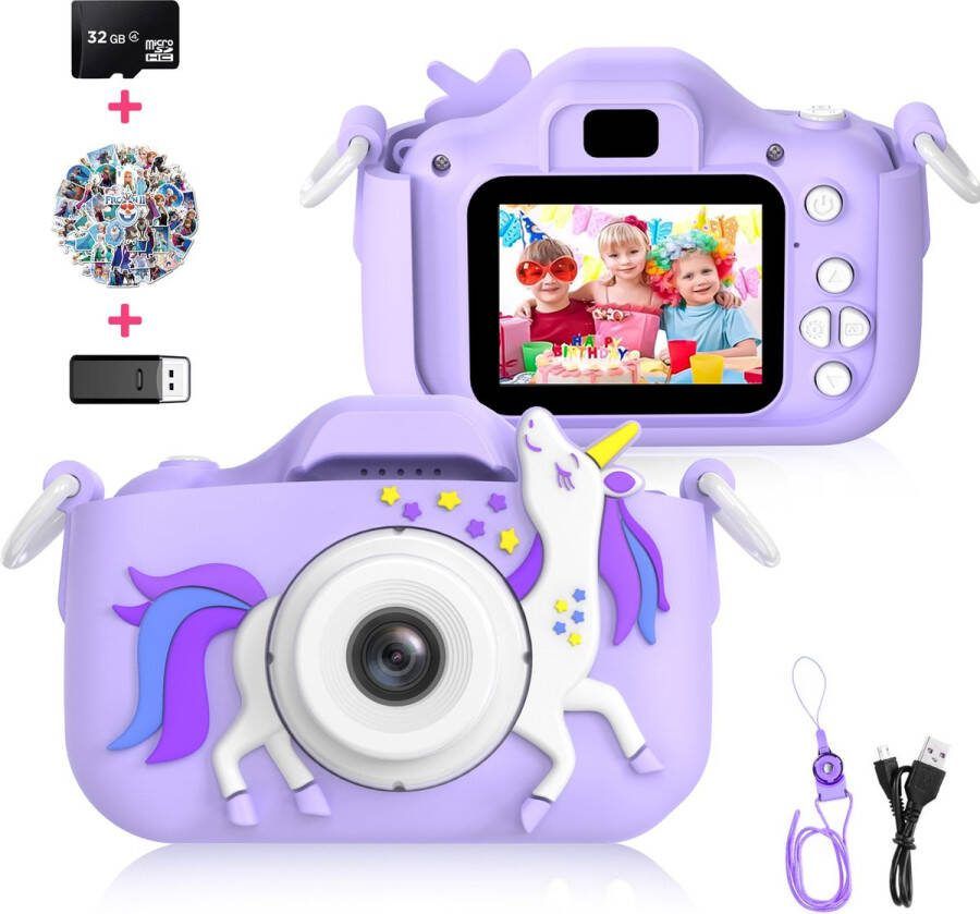 Ilona Digitale Kindercamera HD 1080p inclusief Frozen stickervel Speelgoedcamera 32GB micro sd kaart Fototoestel Voor Kinderen Unicorn Paars