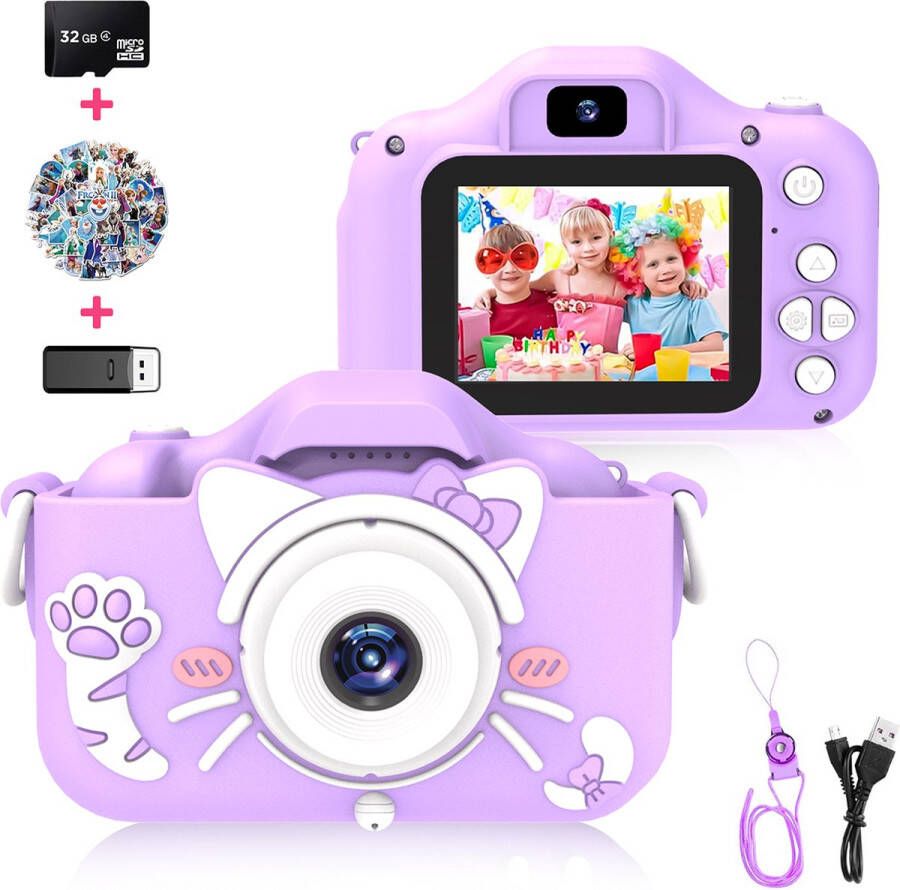 Ilona Digitale Kindercamera HD 1080p inclusief Frozen stickervel Speelgoedcamera 32GB micro sd kaart Fototoestel Voor Kinderen Roze