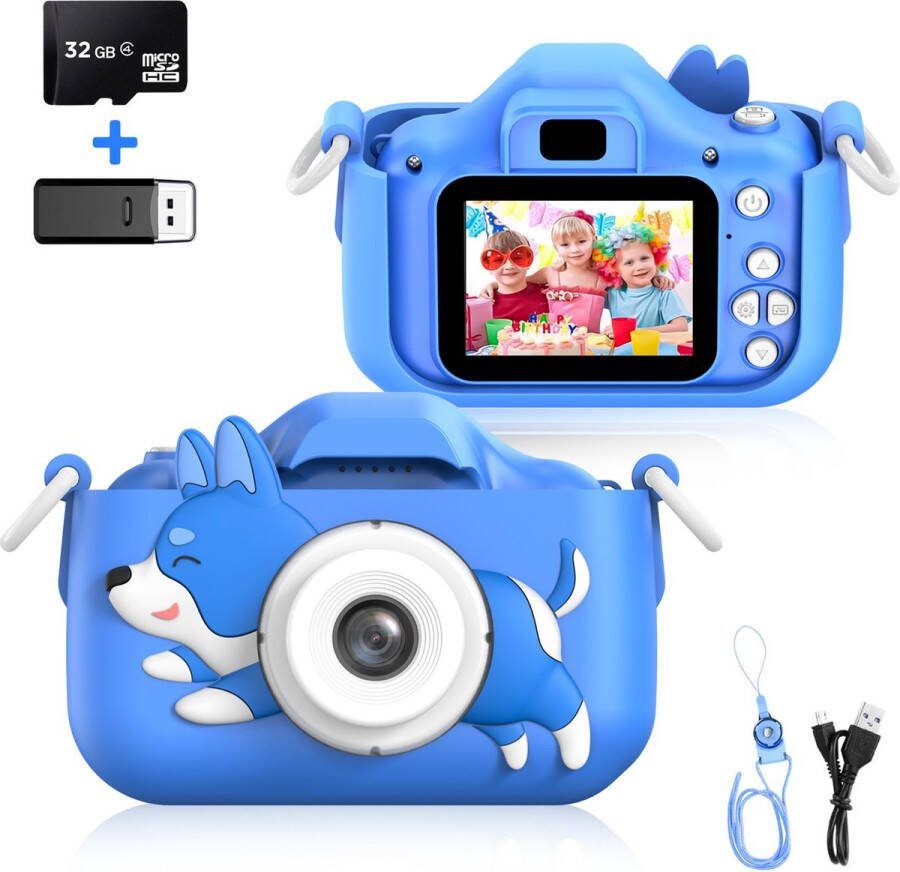 Ilona Digitale Kindercamera HD 1080p Speelgoedcamera 32GB micro sd kaart Fototoestel Voor Kinderen Hond Blauw