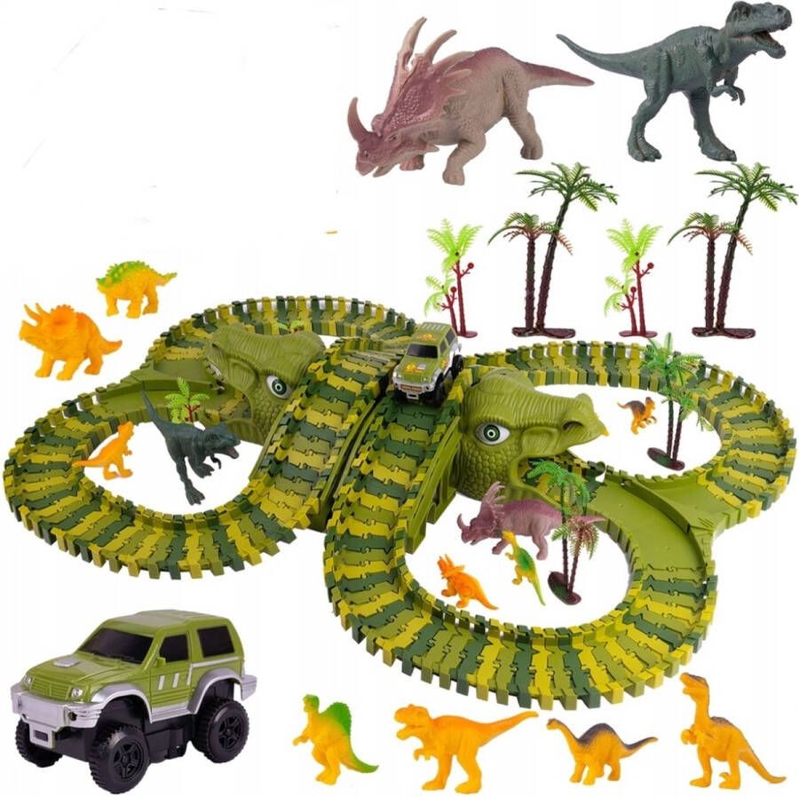 Ilso autobaan met dinosaurussen 200 elementen racebaan jungle Komt met Jeep en Dinosaurus met dino's Eenvoudig te Monteren inclusief batterijen