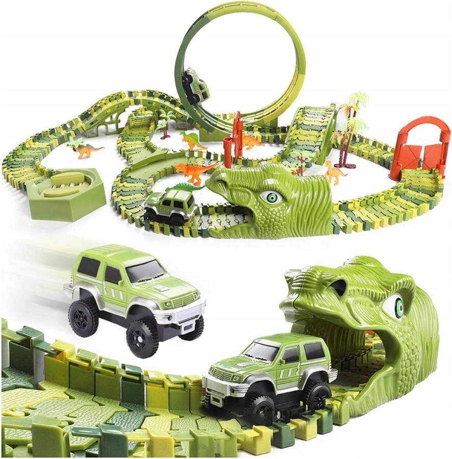 Ilso autobaan met dinosaurussen 290 baan elementen looping racebaan jungle Komt met Jeep en Dinosaurus met dino's Eenvoudig te Monteren inclusief batterijen