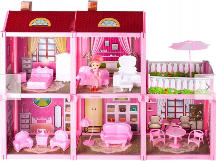 Ilso Poppenhuis Villa 111-delig Meubels en 1 Pop Inclusief Accessoires Roze