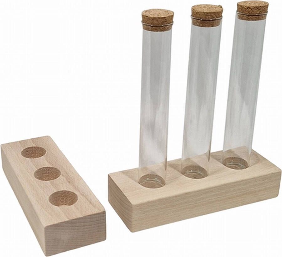 IlyMey Houten standaard voor 3 proefbuisjes Beukenhout Doopsuiker Communie Kruidenrek decoratie droogbloemen incl 3 proefbuisje