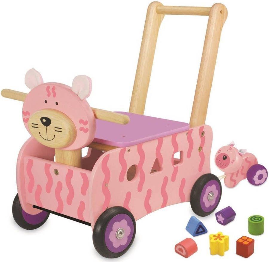 Coppens Loop duwwagen en sorter kat roze met mini trekfiguur