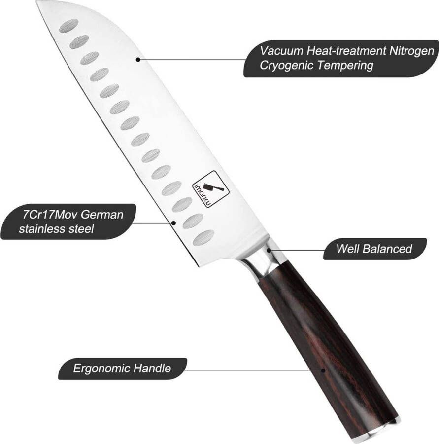 Imarku Santoku mes 17 cm universeel Japans keukenmes gemaakt van high-carbon Duits roestvrij staal met ergonomische handgreep van pakkahout ultrascherp