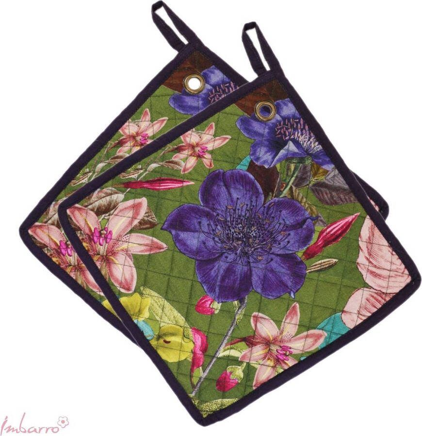 Imbarro Home & Fashion Imbarro Pannenlappen Set 2 stuks Emma Groen Flores Fiesta 25x25cm