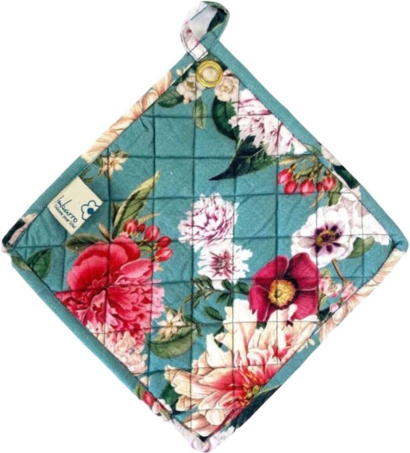 Imbarro Home & Fashion Imbarro stevige hittebestendige pannenlappen met bloemen print in aqua kleur set van 2 | 25 x 25 cm