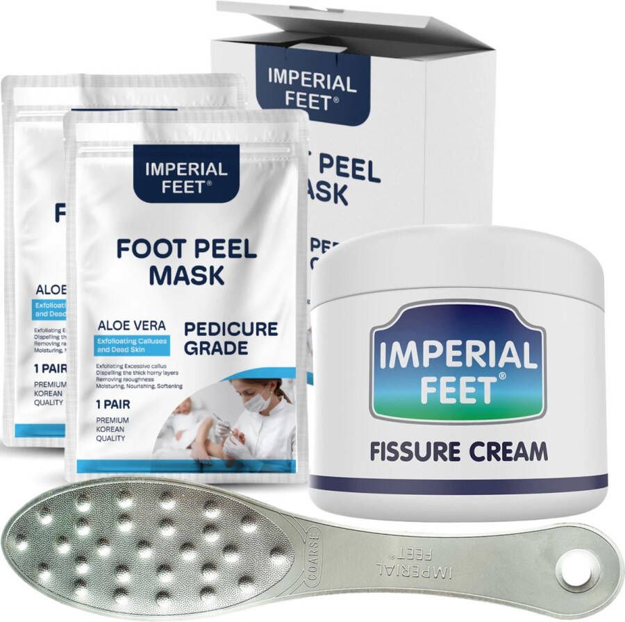 Imperial Feet Complete Voetverzorgingsset: Klovenzalf Voetencreme Exfoliërend Voet Peeling Masker & Professionele Voetvijl Hydrateert Droge Huid Verwijdert Eelt Herstelt Hielkloven Pedicure Kit voor Zachte Voeten 75ML Creme + Masker + Vijl