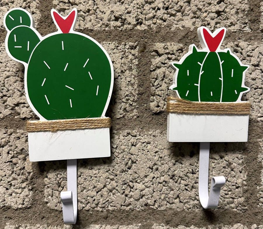 Impuls Decoratieve houten wandhaak cactus Set van 2 stuks Houtkleurig + groen hoogte 22 x 8 x 1 cm Woonaccessoires Wandhaken Cactus