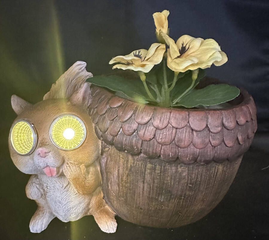 Impuls Decoratieve Polyresin solarlamp bloempot Eekhoorn met eikel meerkleurig met LED staand model exclusief plant hoogte 12 x 12 x 14 cm Tuindecoratie Tuinverlichting