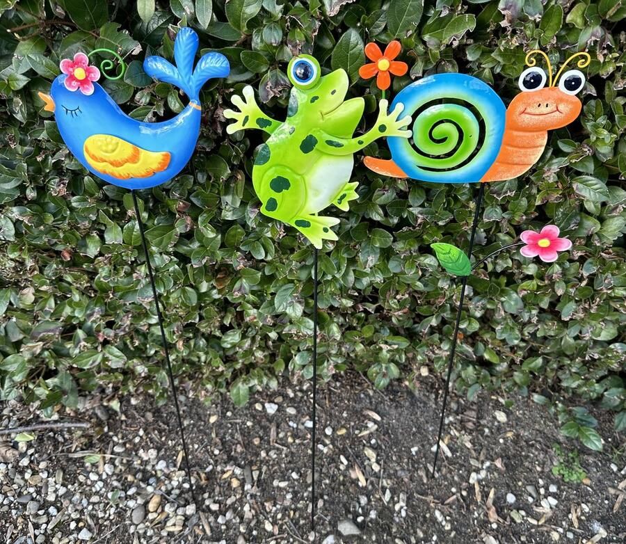 Impuls Metalen deco tuinstekers vogel kikker slak Set van 3 stuks meerkleurig hoogte 60 x 17 x 1 cm Tuinaccessoires Tuindecoratie – Tuinstekers