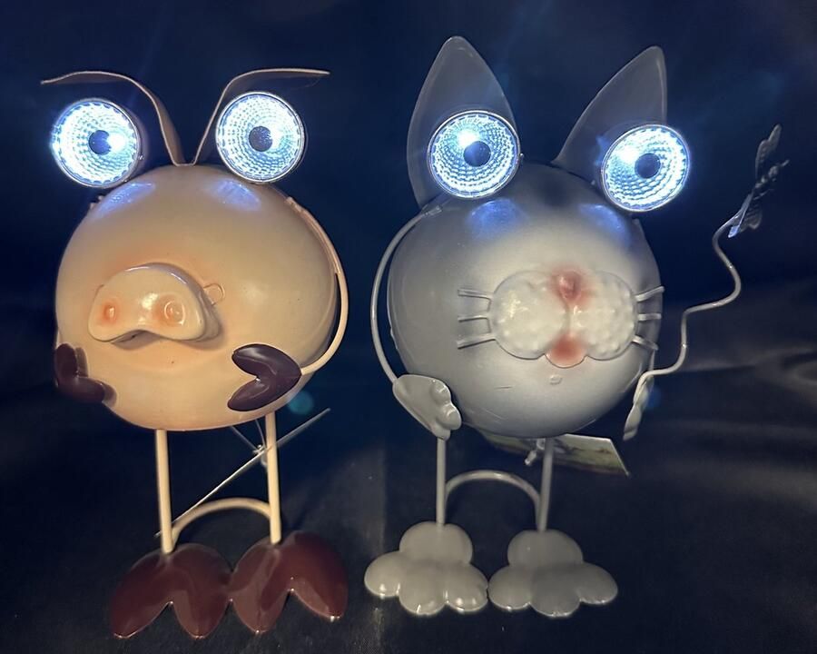 Impuls Metalen solarlampen Varken en Kat Set van 2 stuks meerkleurig met 2 LED Staand model hoogte 16.5 x 10 x 9.5 cm Tuindecoratie Tuinverlichting