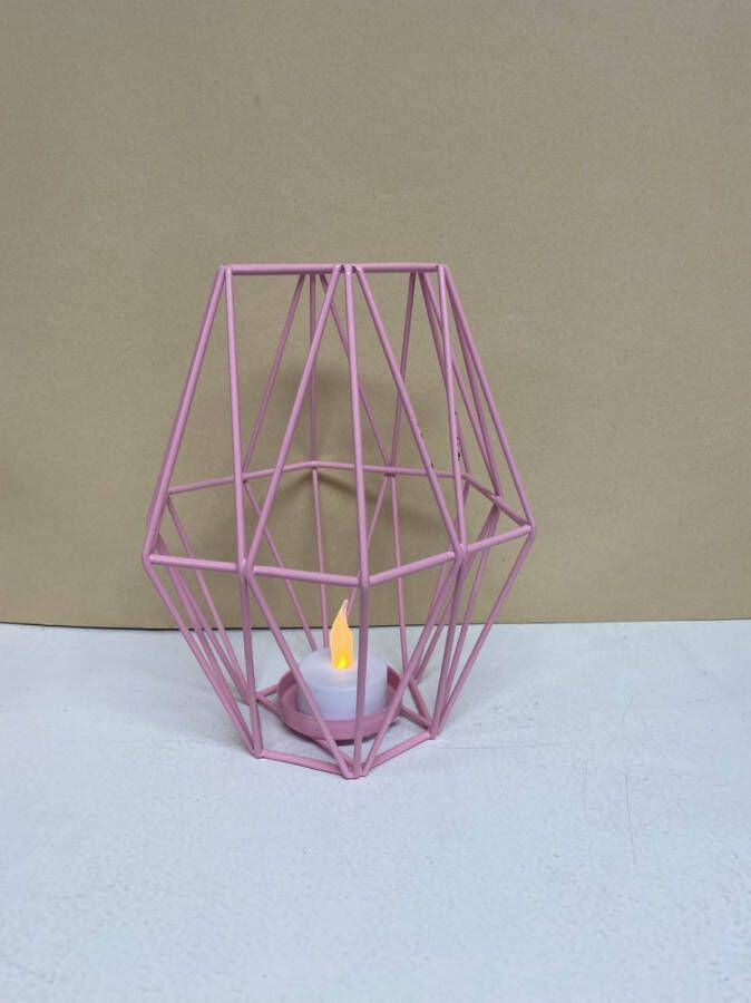 Impuls Industriele metalen theelichthouder roze met LED flame theelicht hoogte 19 cm x 15 x 0.5 cm Woonaccessoires