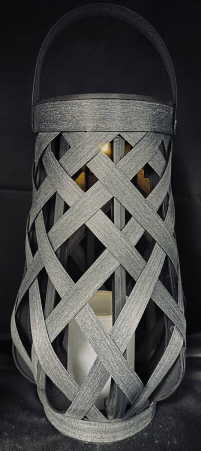 Impuls Kunststof gevlochten solarlamp lantaarn met kaars flame effect antraciet met flame effect LED tafel model hangend model hoogte 34 x 18 x 11 cm Tuindecoratie Tuinverlichting