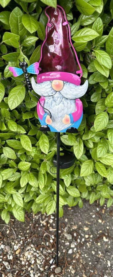 Impuls Metaal + glazen solarlamp op tuinsteker Kabouter met libelle meerkleurig tuinsteker hoogte 82 x 15 x 2 cm Tuindecoratie Tuinverlichting
